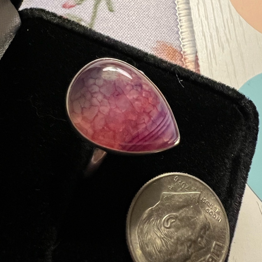 Pink Purple White Dragon Agate Teardrop Ring